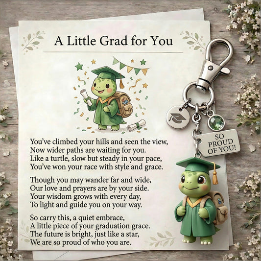 "Slow, Steady & So Proud!" 🐢 The Little Turtle Graduate Keychain & Keepsake Poem Card Set 🎓