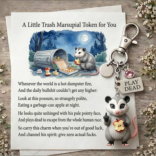 "Zero F*cks Given" Opossum Keychain w/ Custom Birthstone & Funny Poem Card 🐾🗑️